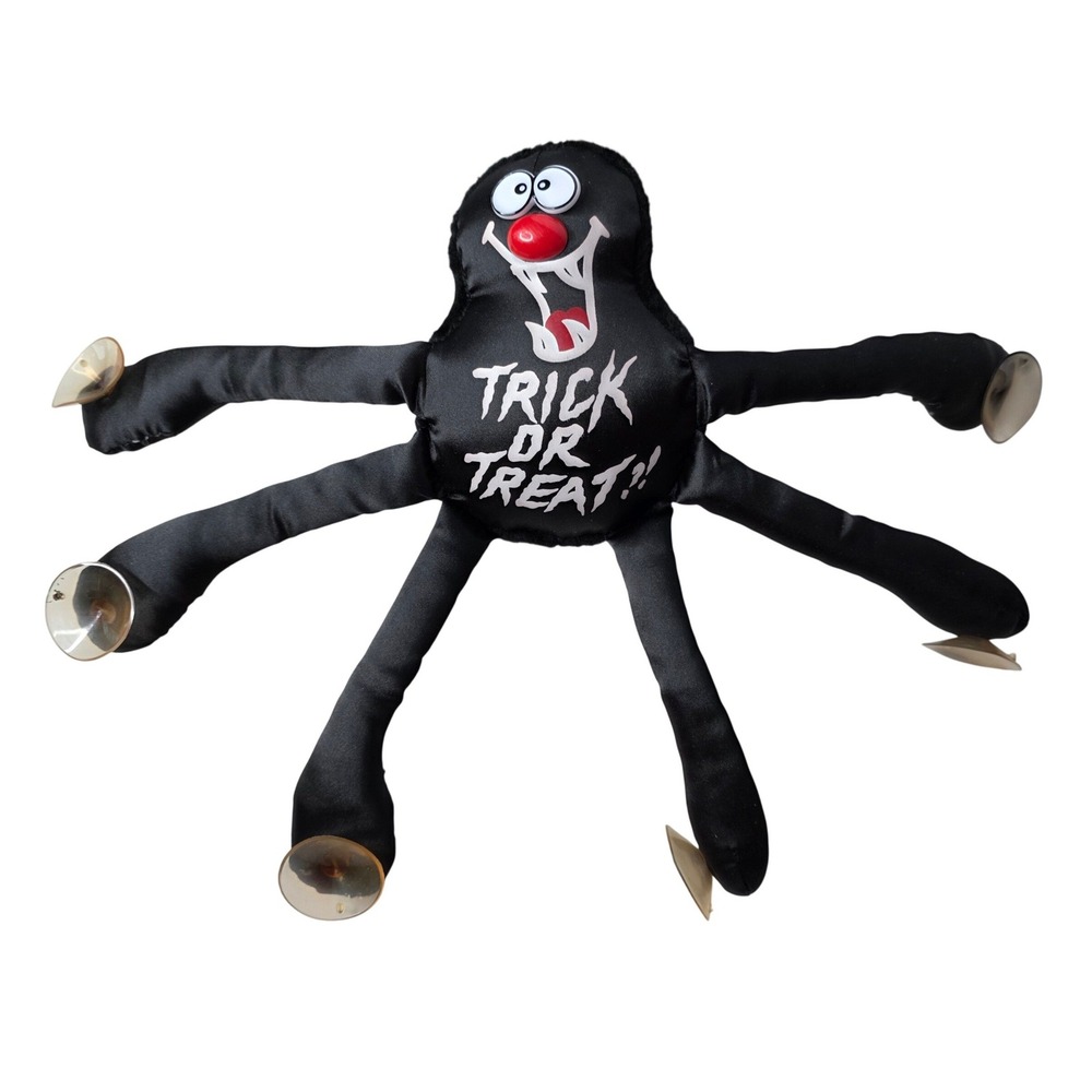 Vtg Halloween Spider Plush Window Cling Trick or Treat Black Suction Cup 80s 90s